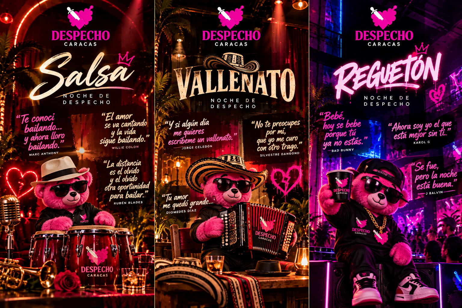Afiches Noche de Salsa, Vallenato y Reguetón con las mascotas de DESPECHO